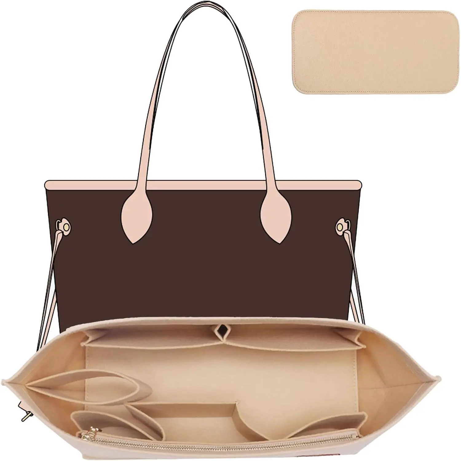 Tote Bag Organizer Insert with Base Shaper, Felt Neverfull MM Organizer, Purse Organizer Insert with Zipper Pocket and Bottle Holder, Fits Speedy 30 Neverfull MM Tote Handbags and More,Beige-L