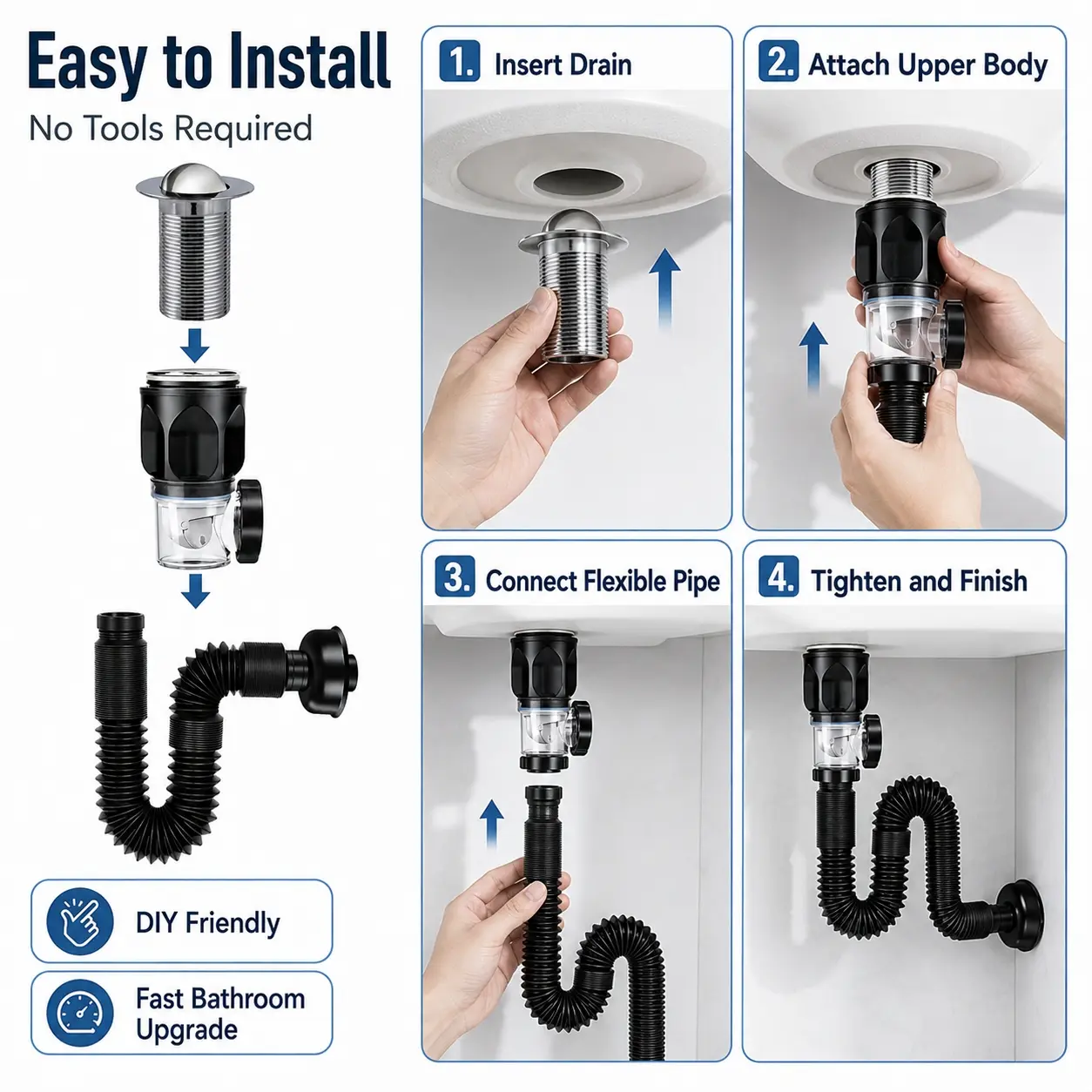 Flexible Bathroom Sink Drain Kit, Bathroom Installation Supplies, Plumbing Accessories, Universal Pop-Up Drain Stopper with Anti-Odor Core & Anti-Backflow Design, Adjustable Corrugated Drain Pipe for 40–50mm Bathroom Vanity Basin, Tool-Free Replacement