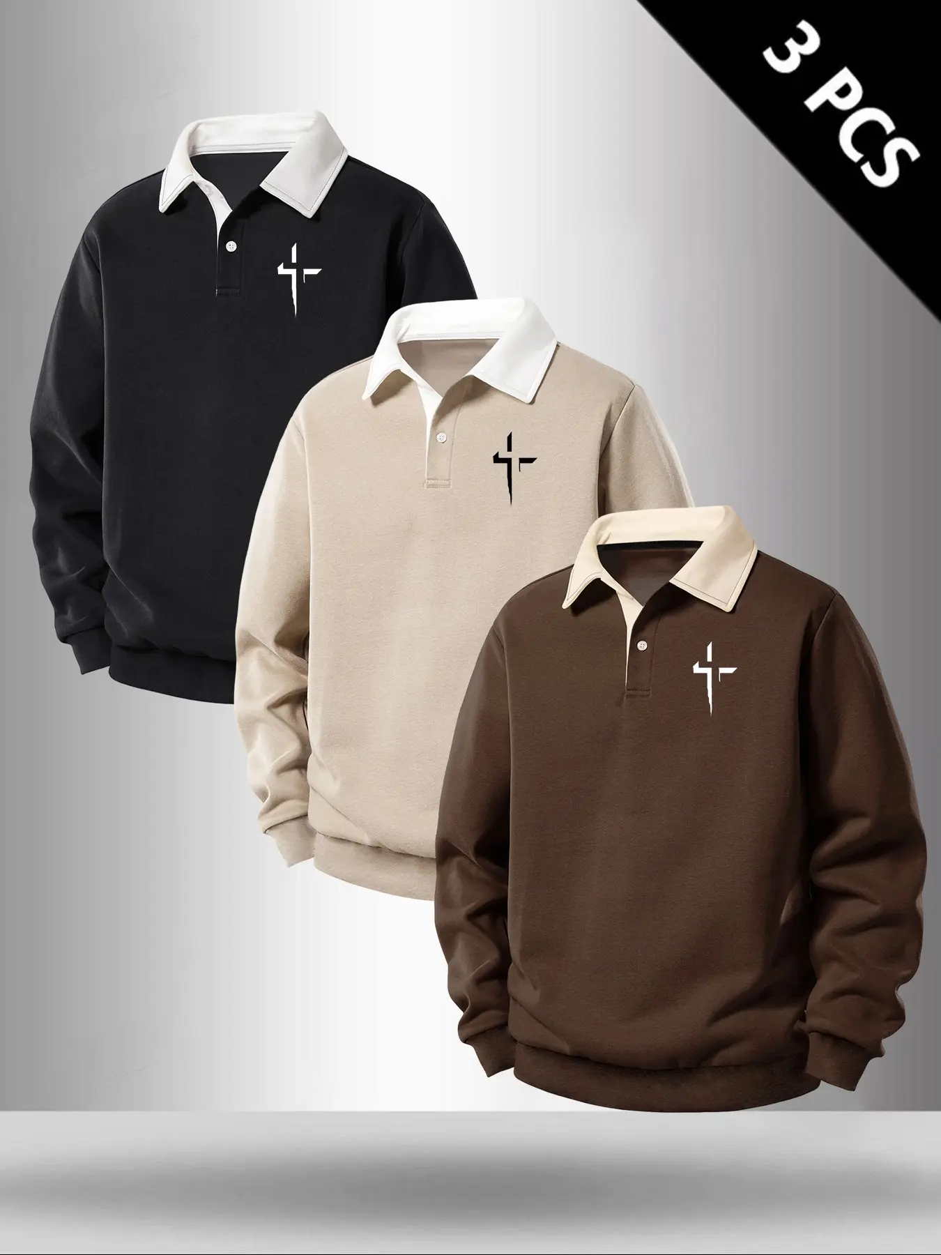 3 Pack Long Sleeve Polo Sweatshirt, Contrast Collar Minimal Cross Chest Print, Button Placket Loose Soft Pullover Top, Faith Christian Casual Streetwear for Daily Outdoor Sports Matching Outfits#PoloSweatshirt #ChristianStreetwear #CrossPrintTop