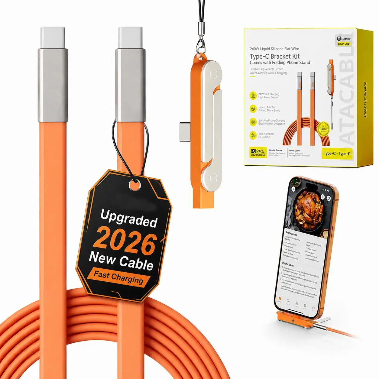 240W SuperCharge Super Fast Charging Wired Fast Charge 360° Rotating Invisible Stand Detachable 2-in-1 Charging Cable, Zinc Alloy Silicone Type-C Cable, Compatible with Apple and Samsung, Essential for Gaming, Office and Car Use.
