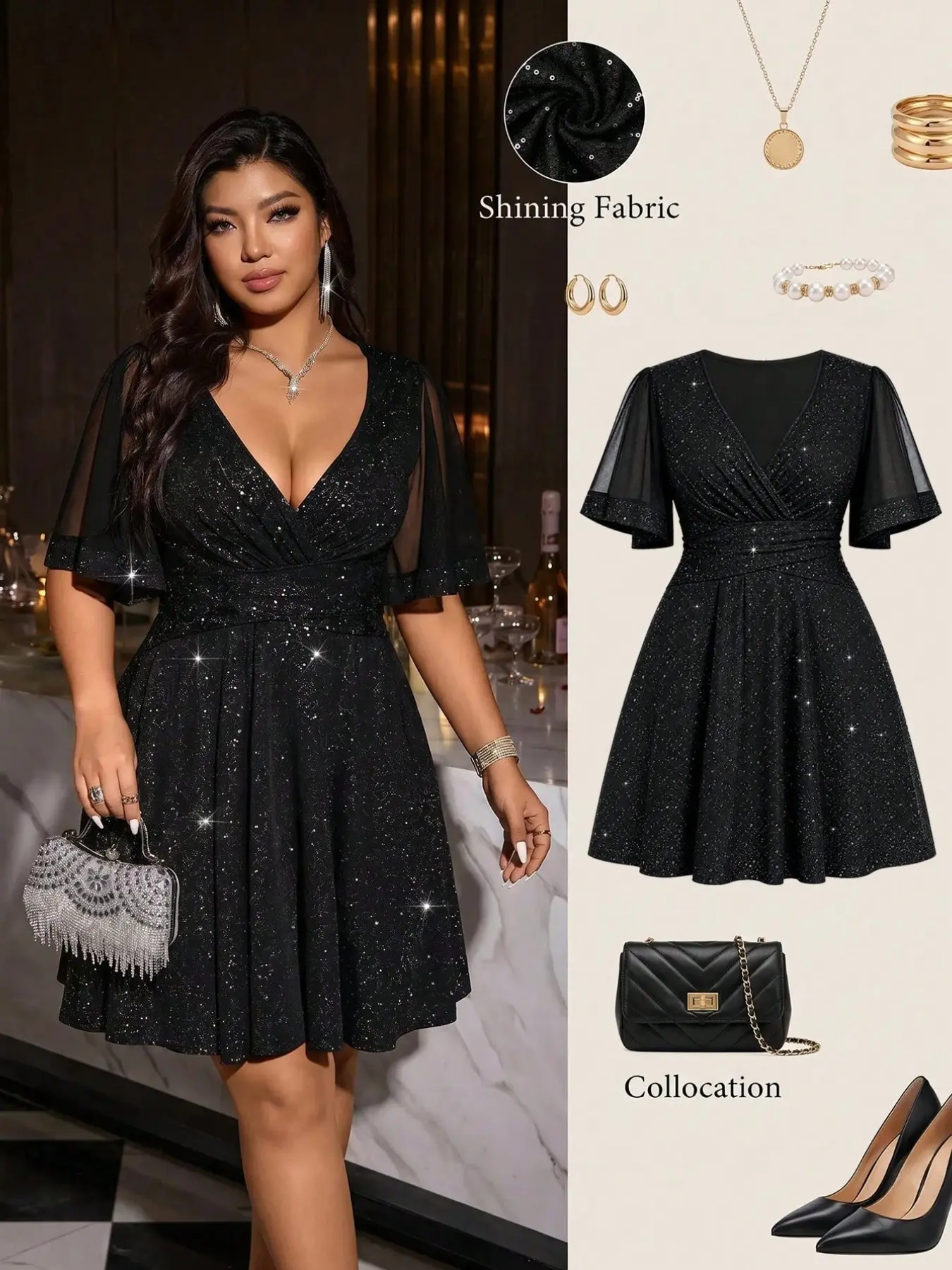 Women's Plus Size Sparkly Short Dress, Cross Deep V Neck Mesh Flutter Sleeve High Waist a Line Skirt, Elegant Formal Party Wear