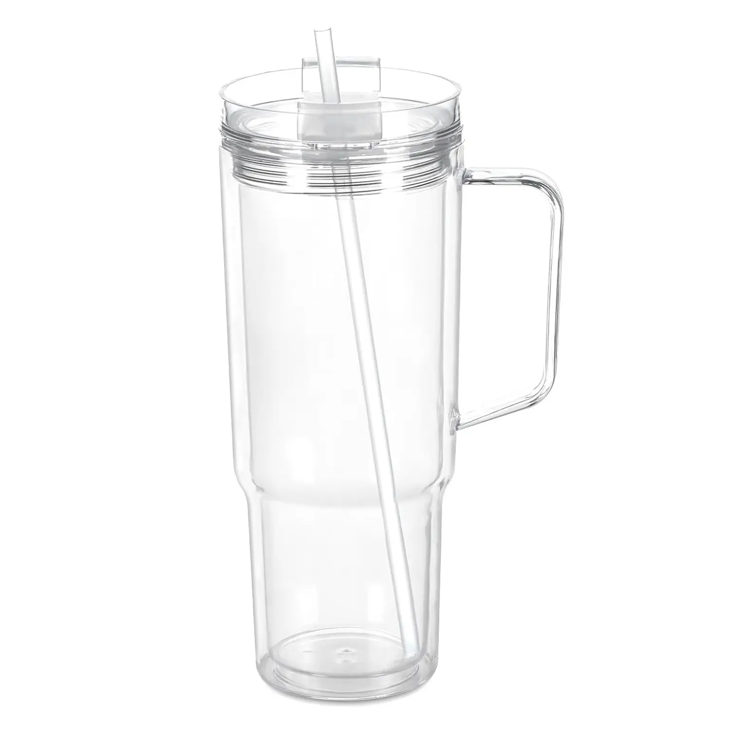 40 Oz Reusable Plastic Coffee Cup with Handle, Clear Portable Travel Mug with Lid and Straw, Dual Wall Design for Juice Milk Smoothie Soda, Clear Water Bottle