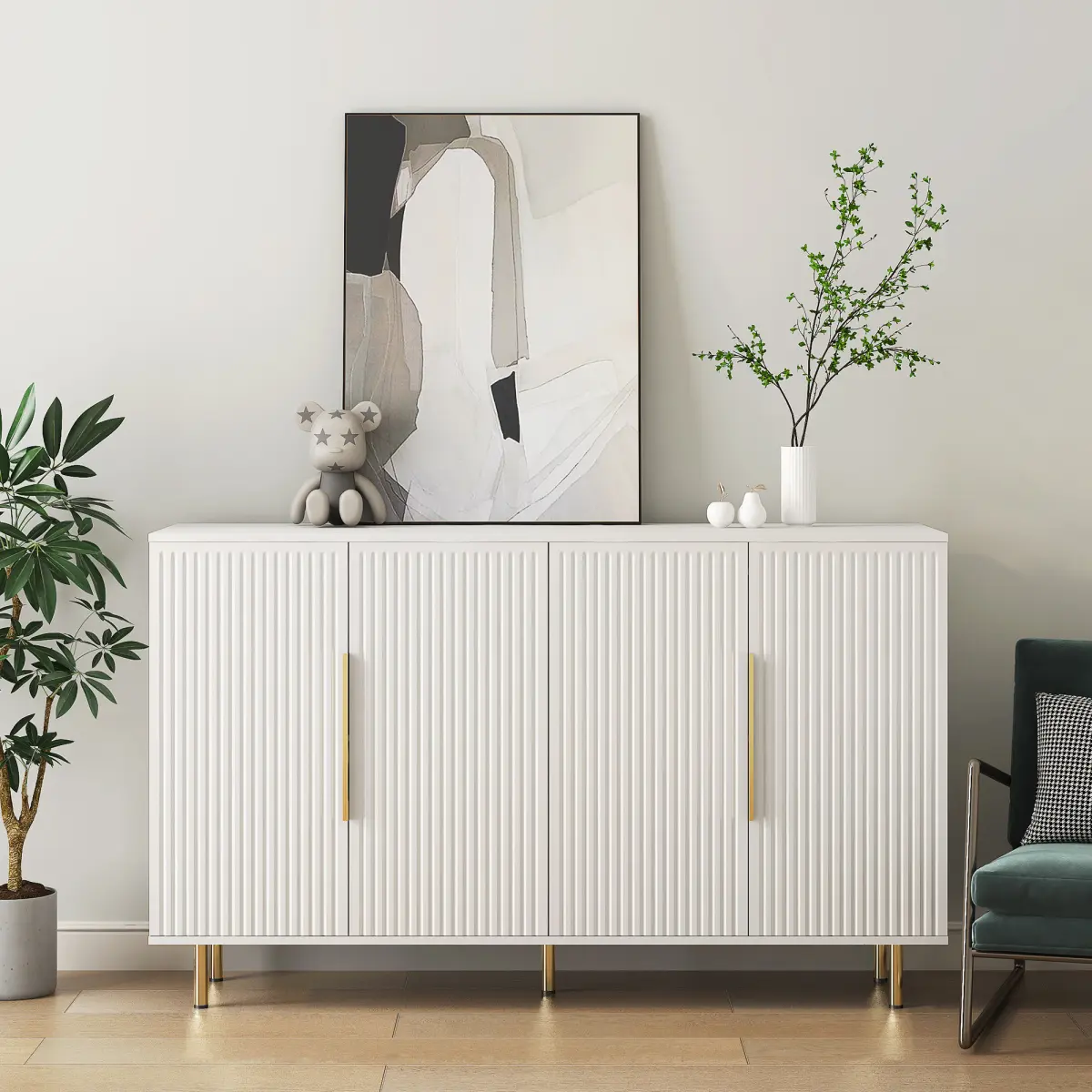 White Rectangular Fluted Sideboard Buffet Cabinet 56.69"L*15.74"W*35"H, Particleboard Mid-Century Modern Storage Credenza with Metal Handles, Multi-Space Accent Console Cabinet for Dining Room Living Room