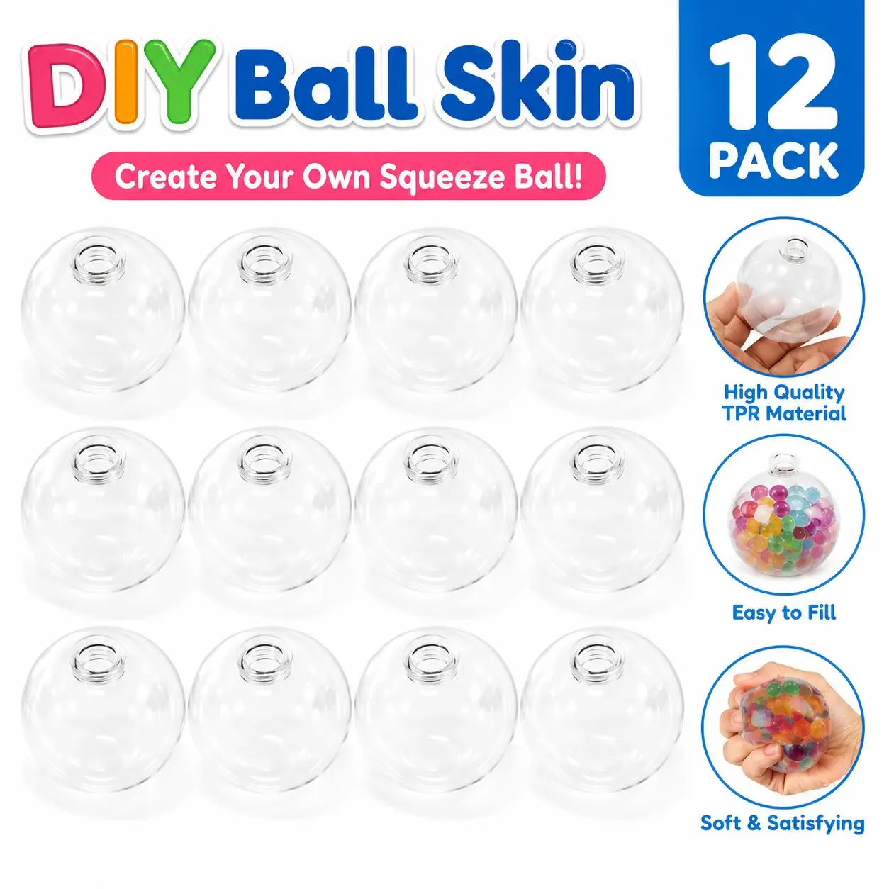 12-Pack 6cm/2.36inch Tpr DIY Stress Ball Skin Kit, Hollow Soft Gel Shell, No Glue Needed, Creative Craft Set for Kids & Adults, Pressure Relief Toy Material, Sensory Stress Reliever