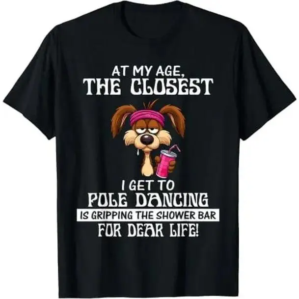 2026 Summer Sarcastic "At My Age" Dad Joke Crew Neck Cotton Tee - Black, Smooth, Soft, Seamless Breathable Fabric, Hilarious Quote, Cartoon Dog Graphics Casual Sports Top