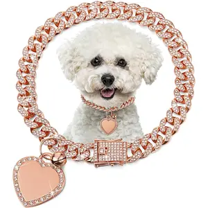Gold Plated Rhinestone Dog Collar, Bling Heart Crystal Pet Chain Jewelry, Sparkly Collar for Small Medium Large Dogs and Cats