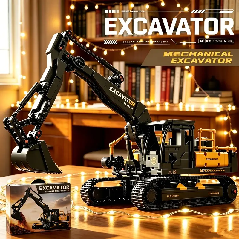 1000Pcs DIY Engineering Excavator 3D Building Block Set Model, Linked Rotatable Track Chassis, Collectible Display Ornament, Exquisite Gift Box, Educational Building Toy Gift for Boys