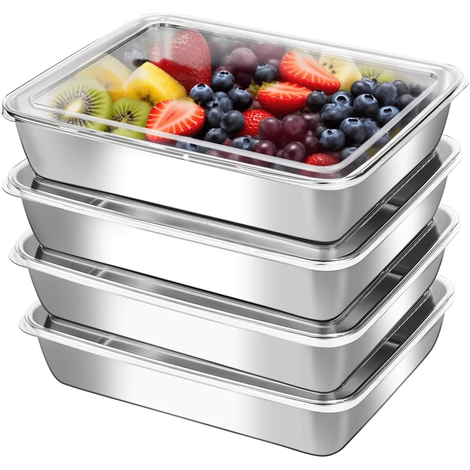 4 count Stainless Steel  Containers with Clear , Stackable Snack Storage Boxes, Deli Meat Keeper for Refrigerator or Picnic, BBQ Party, Office, Gym Lunch,dishwasher safety