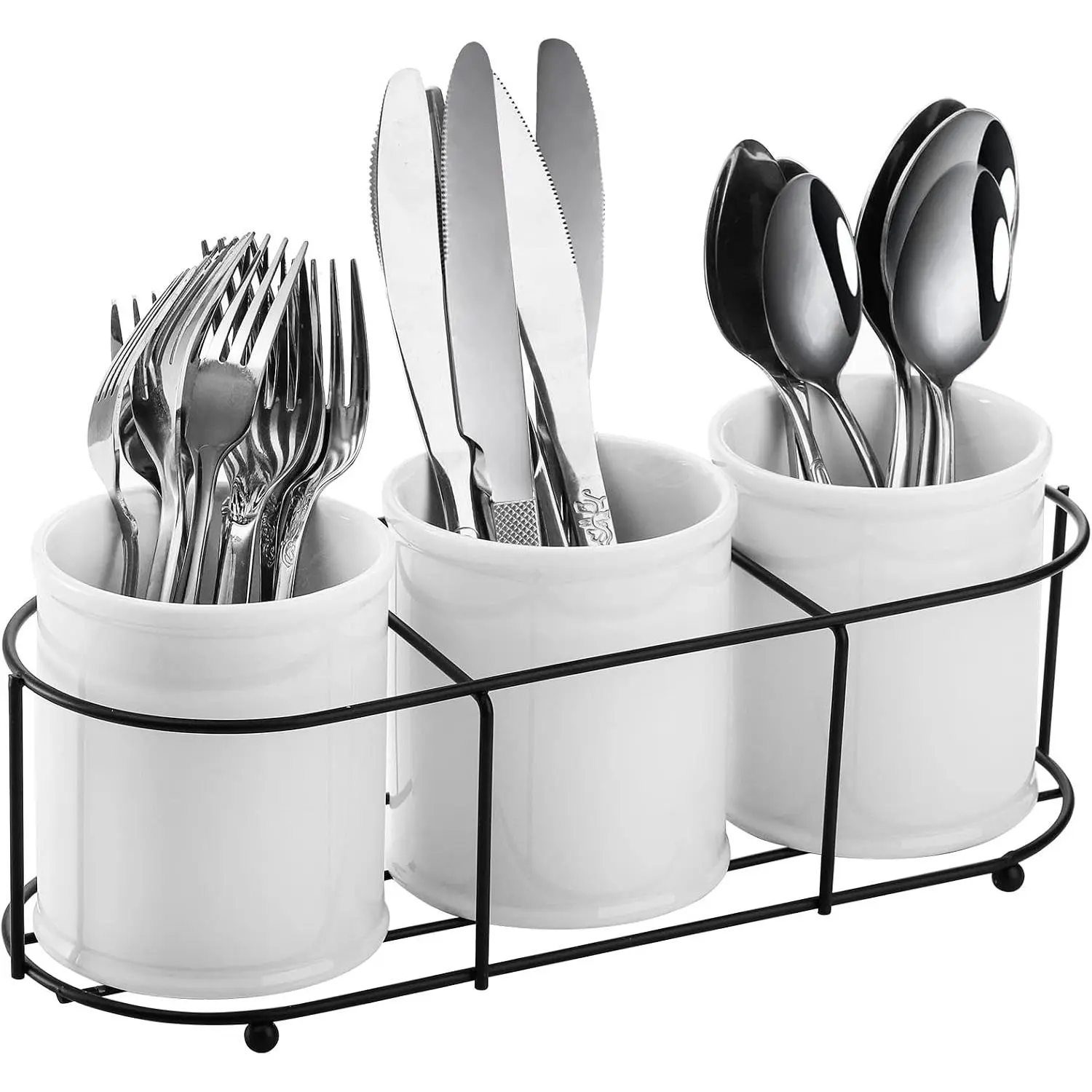 3-Piece Ceramic Silverware Caddy with Metal Rack, Utensil Holder Flatware Caddy Cutlery Storage Organizer for Kitchen Table, Cabinet or Pantry