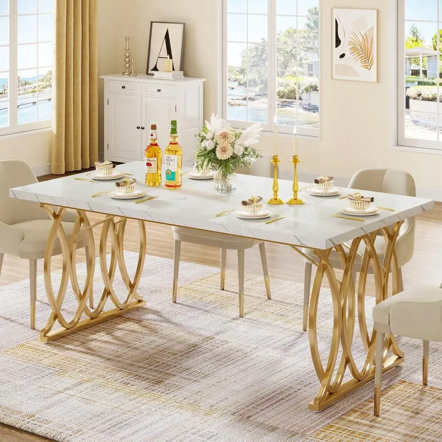 Tribesigns Modern Dining Table For 4-6 People, 63" Large Rectangular Kitchen Table With Faux Marble Tabletop And Gold Geometric Legs, Unique Dinner Table Kitchen & Dining Room Furniture, Decor Home Furniture, White And Gold