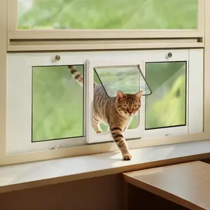 Cat Door for Window, Aluminum Window Cat Door Insert Fit Windows Width 27"-32", Cat Flap for Window with Magnetic Flap Opening 7.8 x 8.3 in, Tool-Free Install, Safety & Weatherproof, Medium