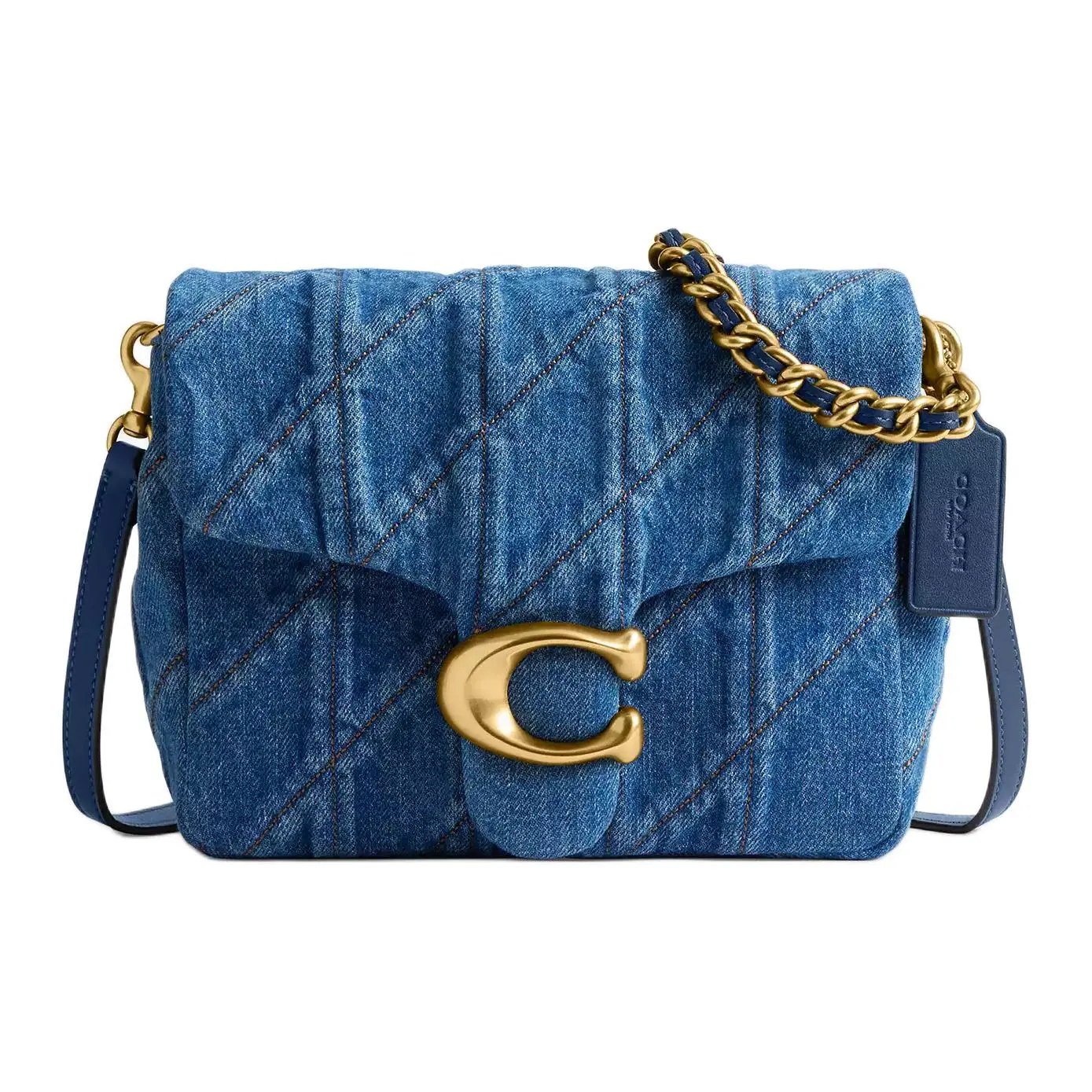 COACH Tabby 20 Times Square Quilted Logo Denim Shoulder Bag for Women in Brass and Dark Blue
