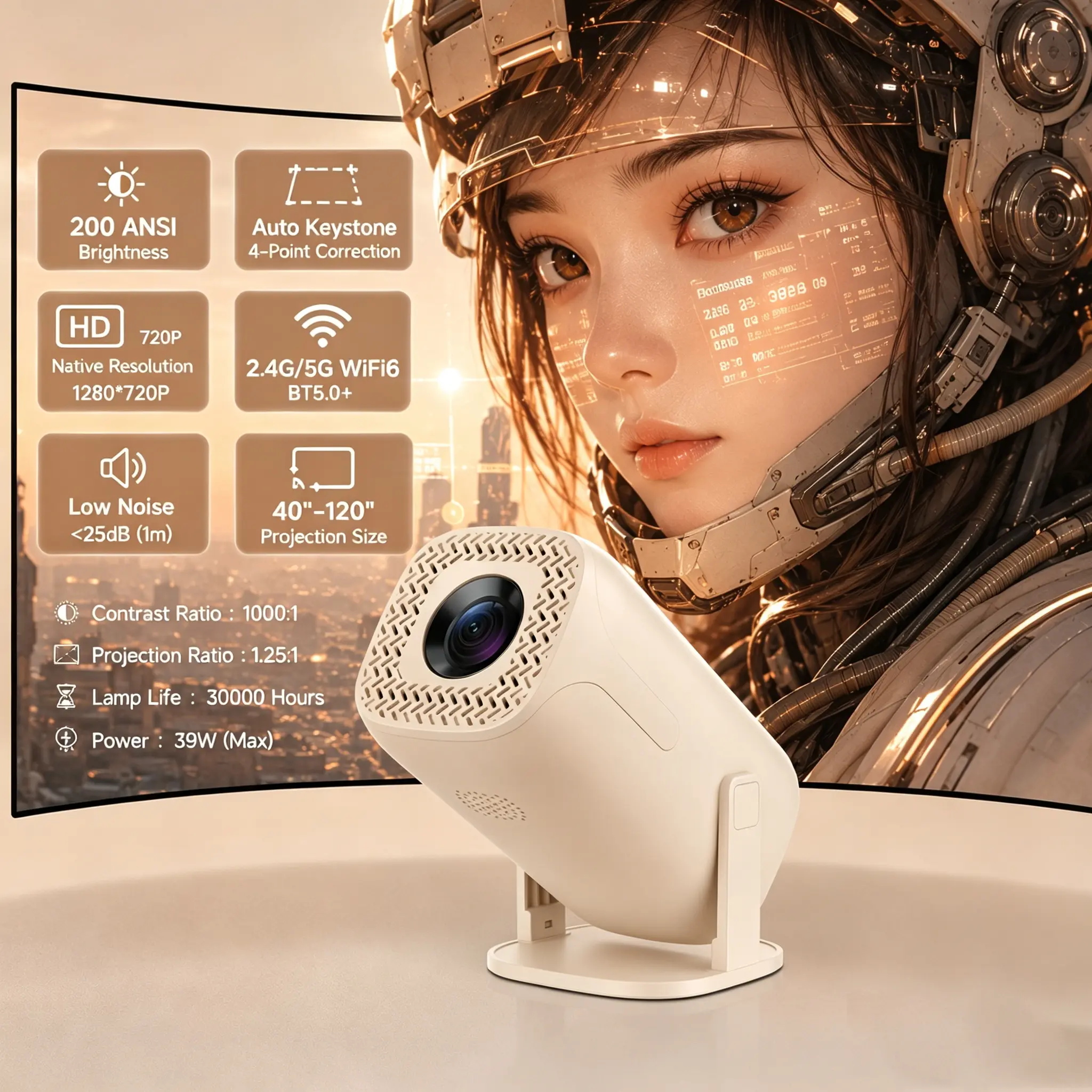 Home Projector Mini Smart Projector, 1280x720 Resolution, 200 Ansi Luminance, Manual Focus, Low Noise <25db, TF Card Support, Phone Mirroring, Ultra-Lightweight 0.4kg