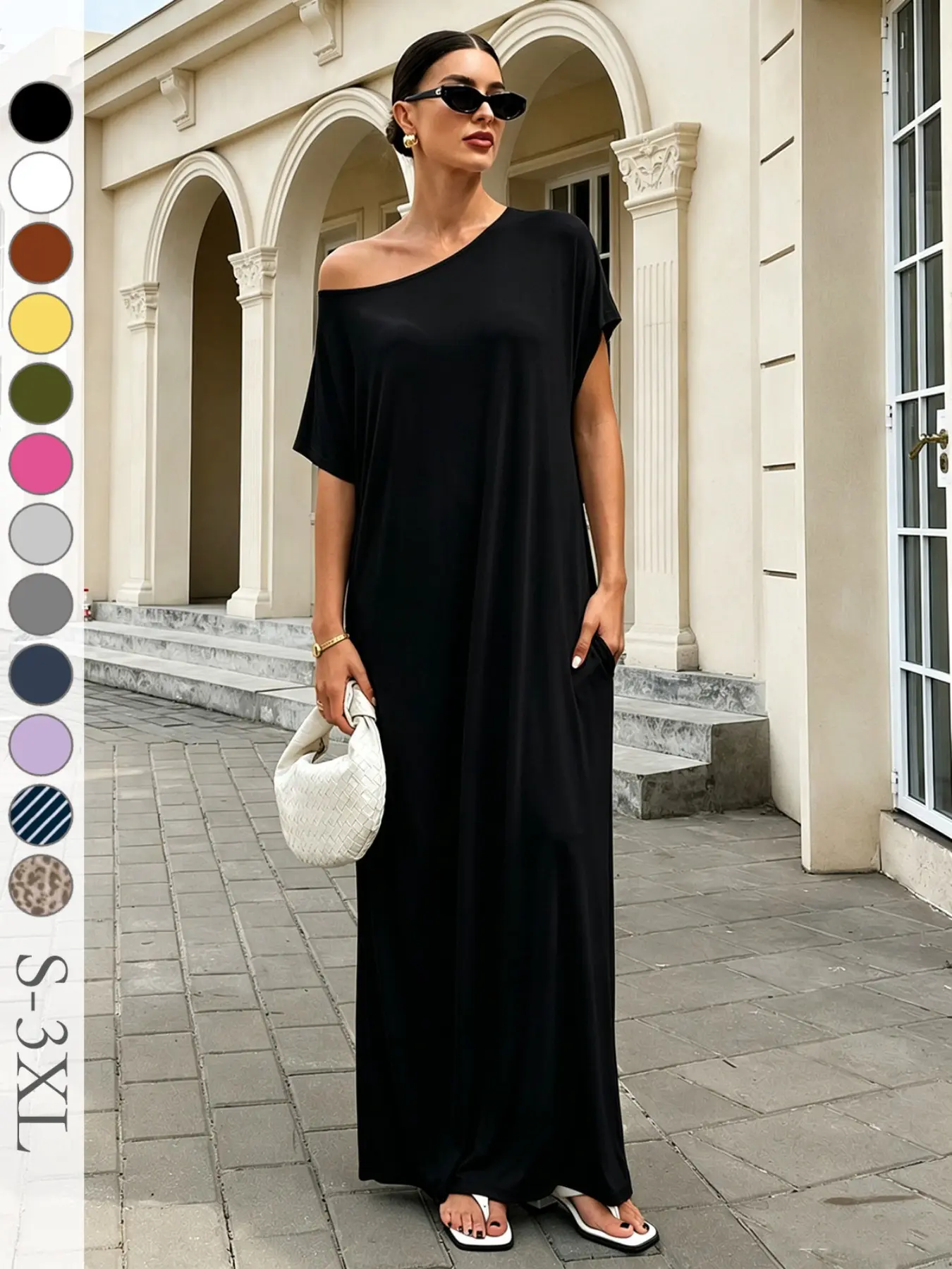 Women's Casual Boho Chic Loose Long T-Shirt Dress, Striped Short Sleeve Off-Shoulder Sleepwear with Pockets, Comfortable Fit for Daily, Beach, and Vacation Wear