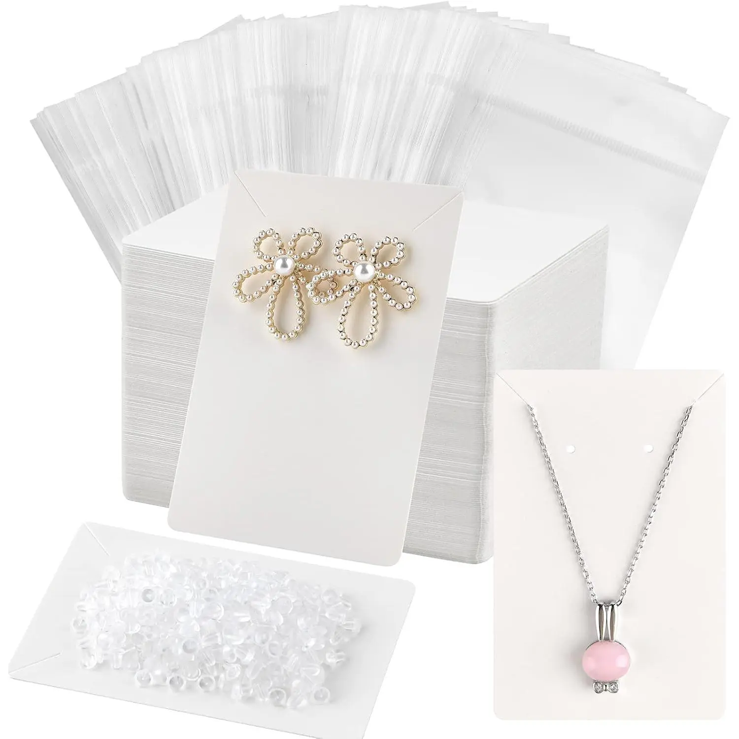 White Thick Card Earring & Necklace Display Holders (120 Count, 3.5x2.4in) with 200 Earring Backs & 120 Self-Seal Bags for Ear Pendants & Necklaces Display, Self-Seal Bag