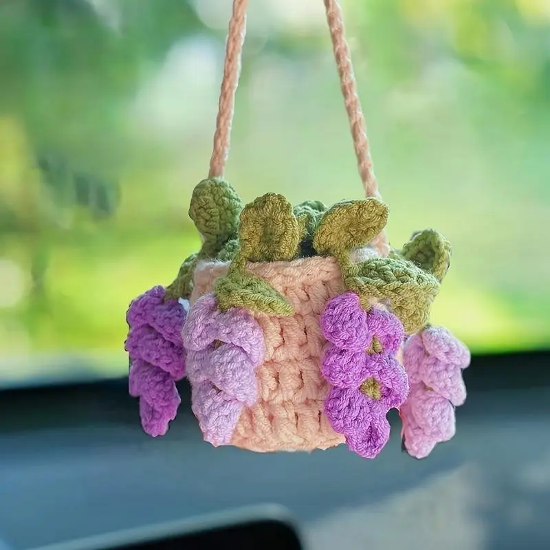 1pc Synthetic Handmade Crochet Hanging Planter - Colorful Pothos & Grape Design Fabric Yarn Decor, Car Interior Accessories, Picnicware Accessory for Camping Hiking (All Ages)