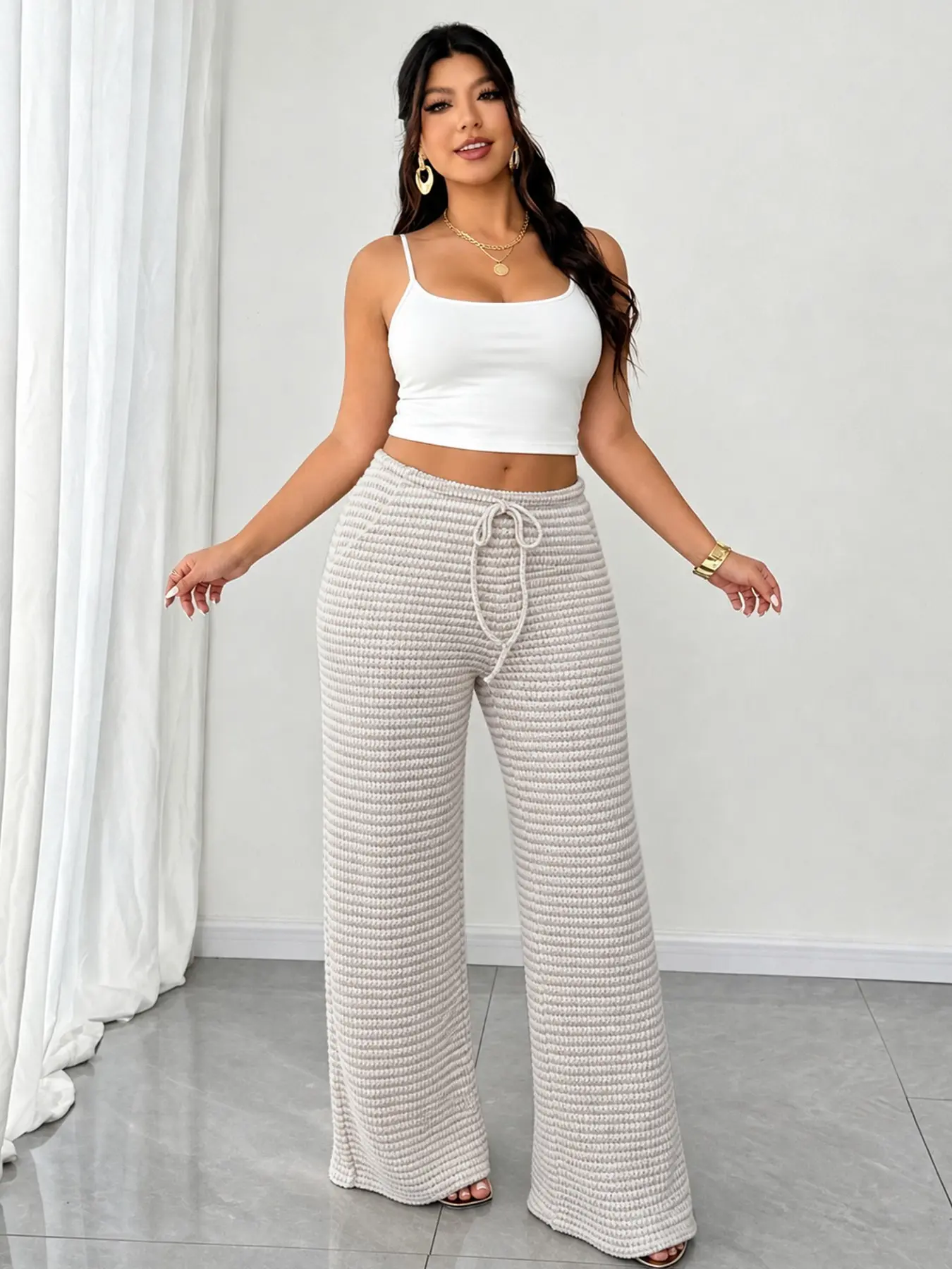 Plus Size Striped Crochet Knit Adjustable Drawstring Flare Pants, Casual Loose Pants, off High Waist Wide Leg Trousers, Casual Bell Bottoms for Big Women, Fall & Winter