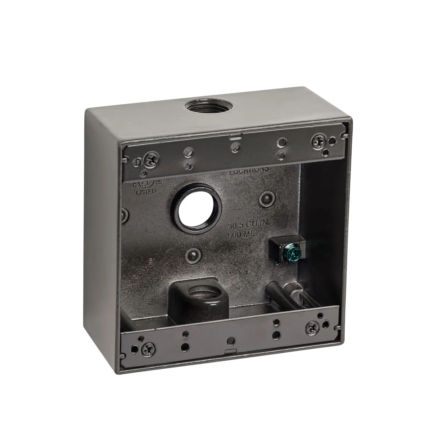 2-Gang 3 1/2" Holes Weatherproof Rectangular Exterior Electrical Outlet Box with 3 Outlets, Three 1/2-Inch Holes, UL Listed, Double Gang, Bronze