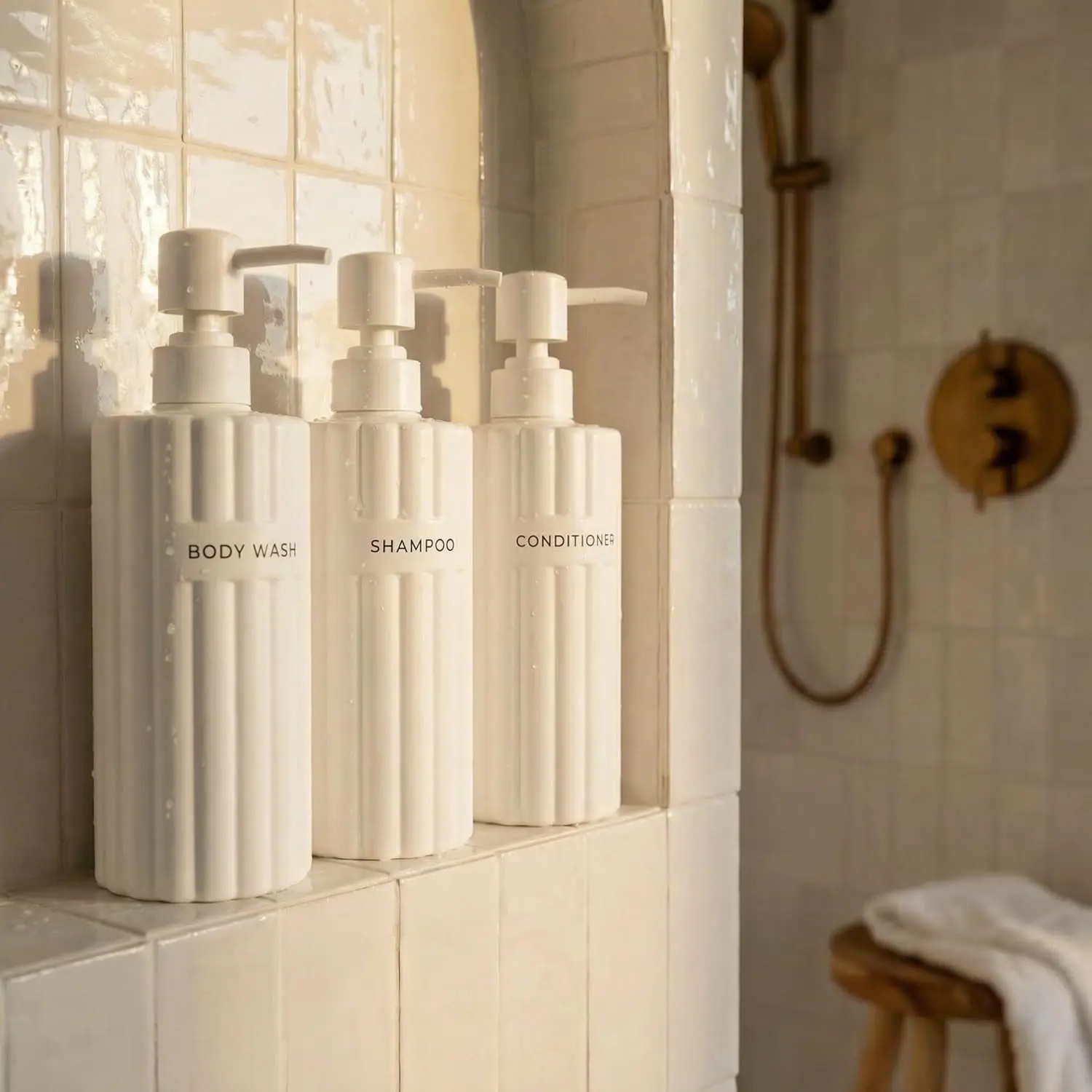 Stylish 3-Piece Refillable Shampoo and Conditioner Dispenser Set - 19oz Modern Shower Soap Bottles with Pump, Labels - Easy-to-Refill Body Wash Containers for Bathroom Decor Upgrade