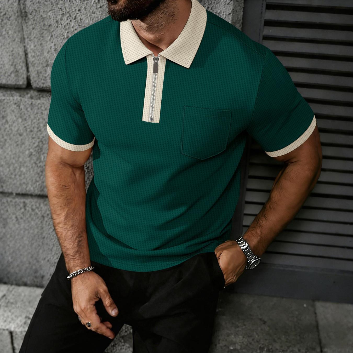 Men's Zip Up Polo Shirt Men's T- Shirt With Chest Pocket Contrast Collar Cuff Waffle Knit Breathable Lightweight Soft Comfortable Durable Casual Versatile Fashion For Young Adult Summer Daily Wear Commute Business