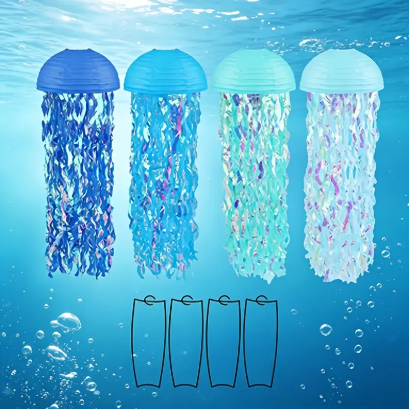 4pcs mixed pack hanging jellyfish paper lanterns, including 2 light blue jellyfish lanterns + 2 dark blue jellyfish lanterns and 4 support frames Jellyfish Paper Lanterns, Blue Hanging Lanterns, Under the Sea Party Decor, Mermaid & Ocean Themed Birthday D
