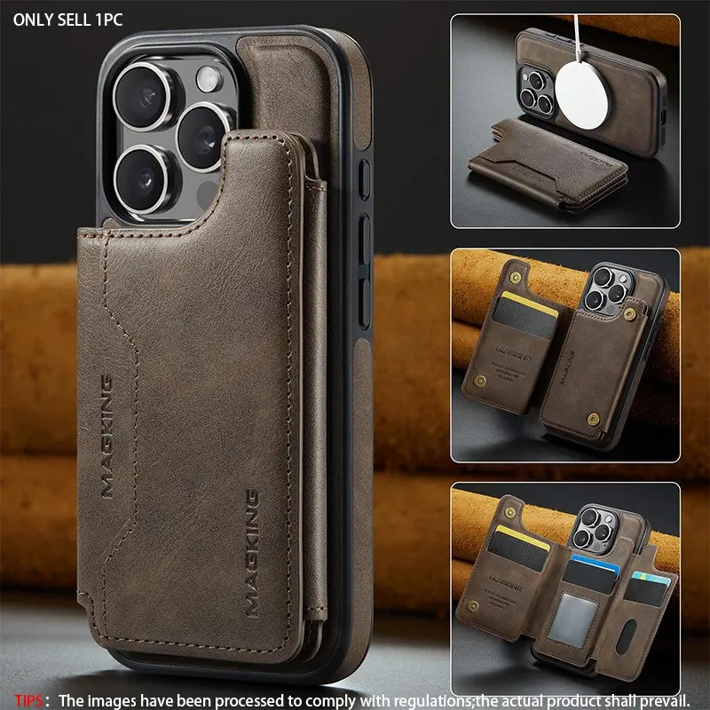2-in-1 leather, Accessories, Casing, Protective Cover, Protection, bottom shell+magnetic card holder supports wireless charging, compatible with MagSafe, supports multiple cards, suitable for iPhone 17 Pro Max 16 Pro Max anti-theft brush Smartphone