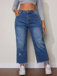 Women's Plus Size Straight Leg Jeans, Ripped Fashion Design, Nine-Inch Denim Jeans, Elastic Comfortable Fabric, All-Season Casual Wear