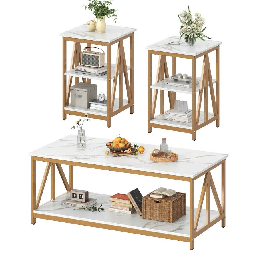 3-Piece Living Room Table Set, Industrial Coffee Table with 2 Square End Side Tables, Sturdy Metal Frame Accent Table Set for Apartment, Home & Office