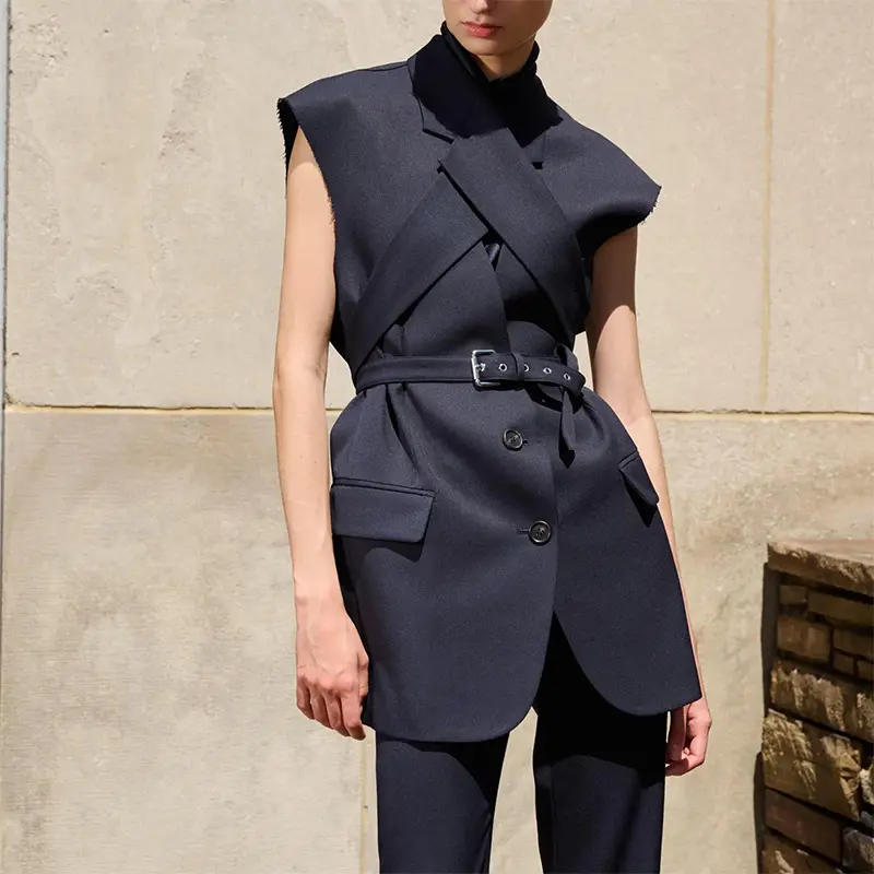 Women's Junior Fit Elegant Solid Sleeveless Office Blazer Jacket - Lapel Neck, Waist Belt Designer Outerwear