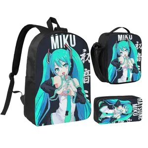 Anime Miku2 3Pcs School Backpack Set for Teens Boys Girls, Adjustable Strap Kids Bookbag with Insulated Lunch Bag & Pencil Case, Lightweight Travel Office Daypack