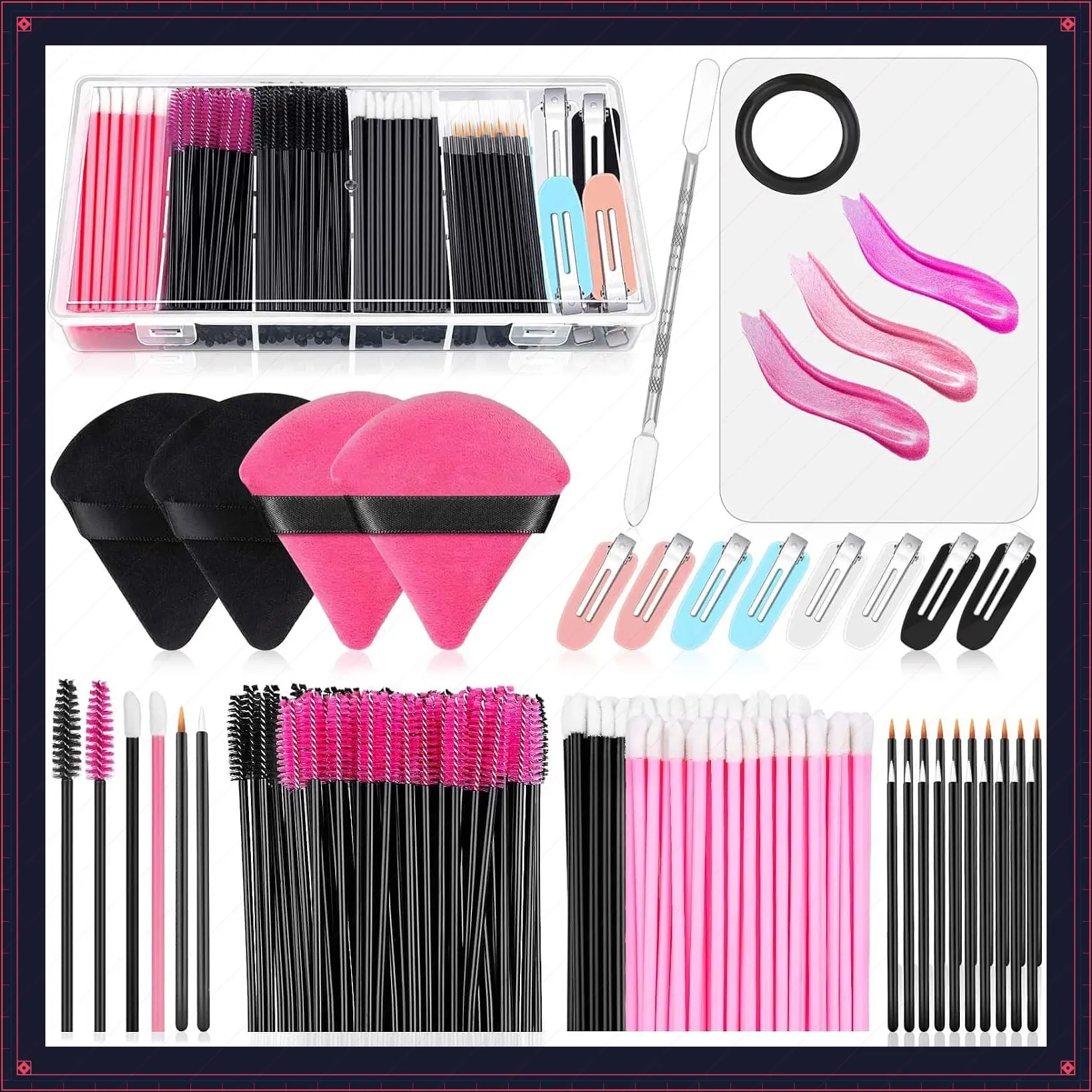 Disposable Applicators Kit With Makeup Puff, Mixing Palette, Artist Supplies, Accessories, Mascara Wands, Lip Brushes, Hair Clips, Powder Puffs for Face With Storage BoxGift