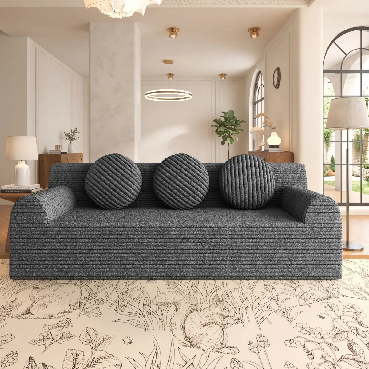 71" Cloud Loveseat Boneless Sofa Couch in a Box, No Assembly Required 3 Seater Foam Compression Couches with 3 Pillows & Side Pocket, Modern Living Room Floor Sofa Couch Corduroy Love Seat, Dark Grey