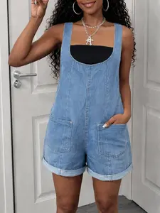Light Blue Rolled Hem Wide Leg Denim Overalls Jumpsuit, U-Neck Large Pockets, Loose-Fit Casual Short Jumpsuit, All Seasons Wear