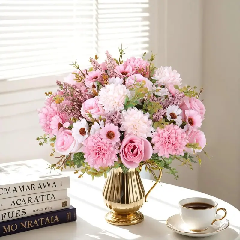 4 Pack Artificial Flowers Like Real Artificial Bouquet Silk Artificial Roses Bouquet with Daisy Chrysanthemum Pink Flowers for Centerpiece Table Wedding Party Home Spring Decor