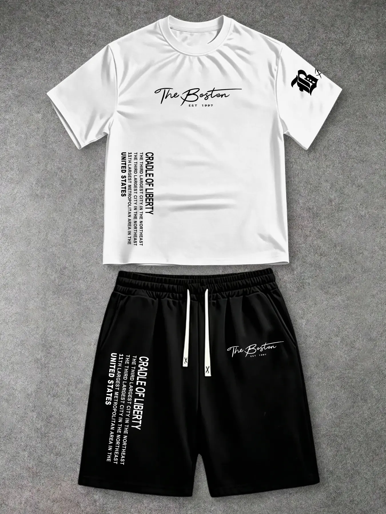 Men's Fashion Letter Boston T-Shirt and Shorts Set, Short Sleeve T-Shirt + Shorts, Summer Trendy Casual, Loose-Fitting Suit