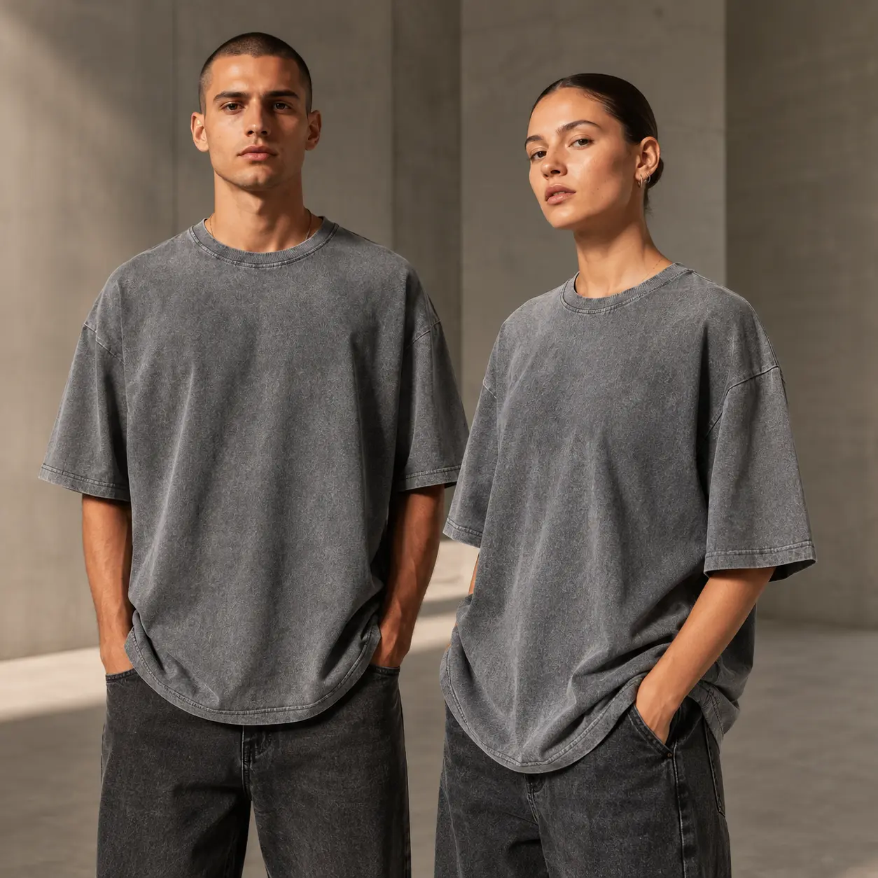 Gray Oversized Vintage Washed T-Shirt for Men & Women, Relaxed Crew Neck Short Sleeve Blank Tee, Drop Shoulder Minimal Streetwear Top