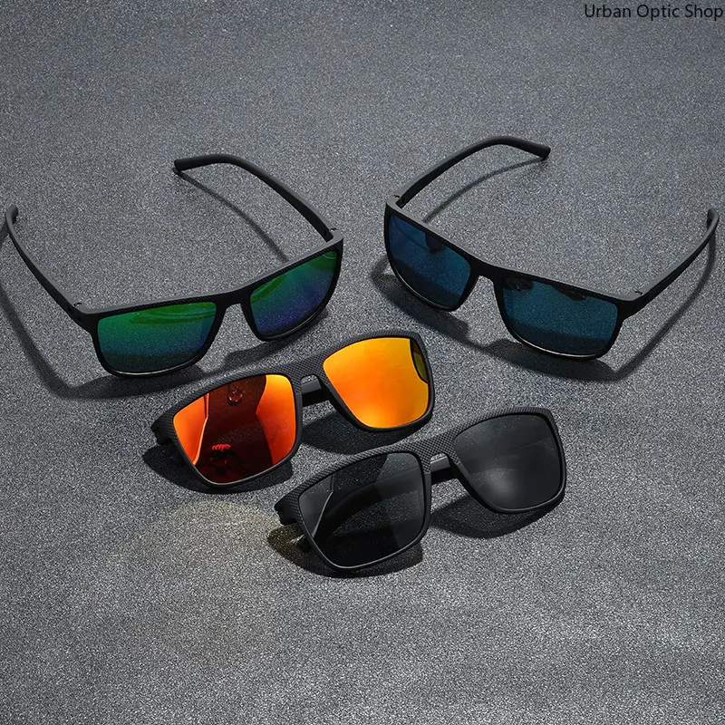 XUH 4-Pack Classic Square Nylon Sunglasses for Adults, Textured Black Frame, Mirrored Reflective Lenses, Casual Sport Eyewear for Driving & Outdoor Wear, Fashionable Sunglasses, Geometric Sunglasses
