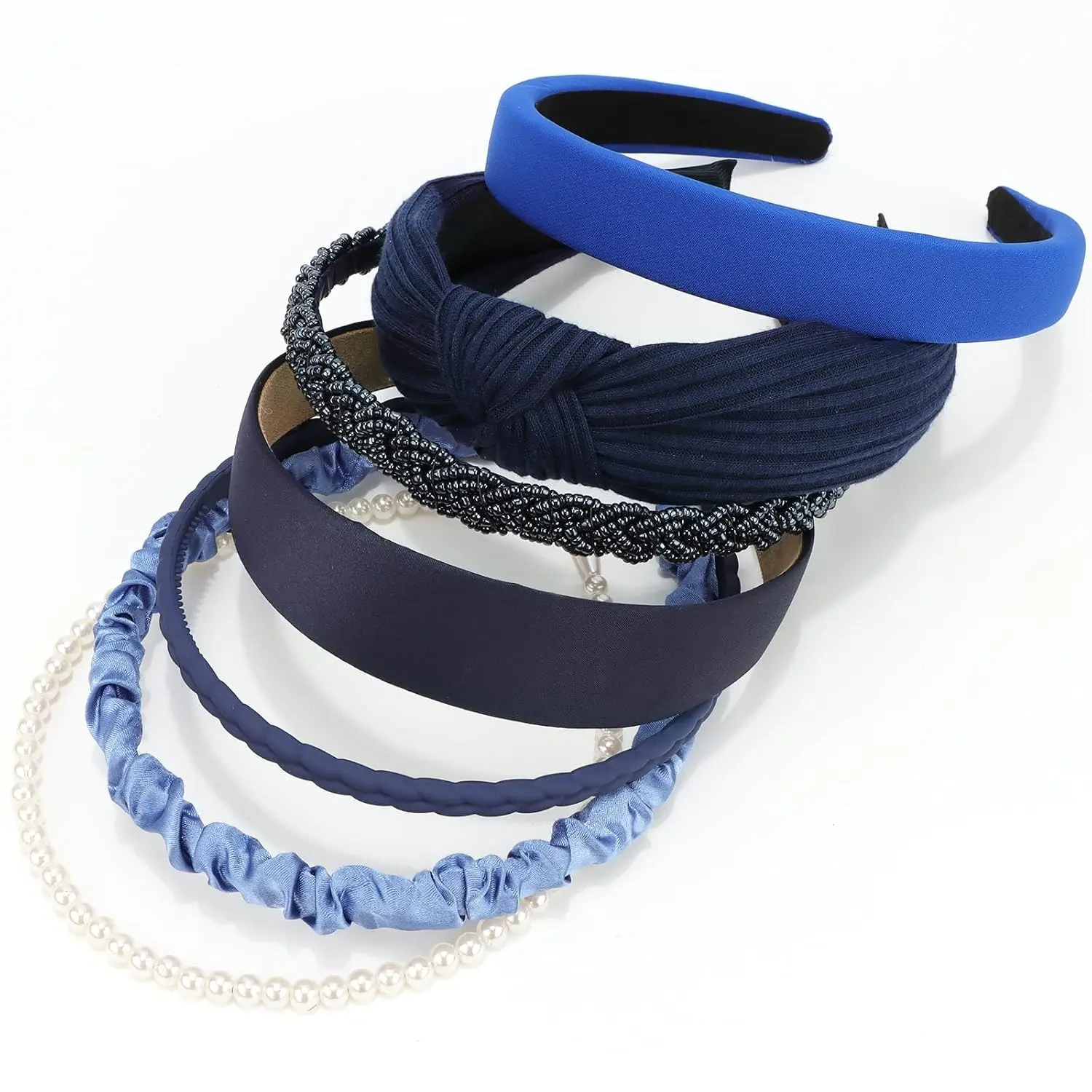 Women's 7-Piece Navy Blue Knotted Solid Pearl Headbands, Non-Slip Thin Thick Set Hair Accessories for Women's Hair