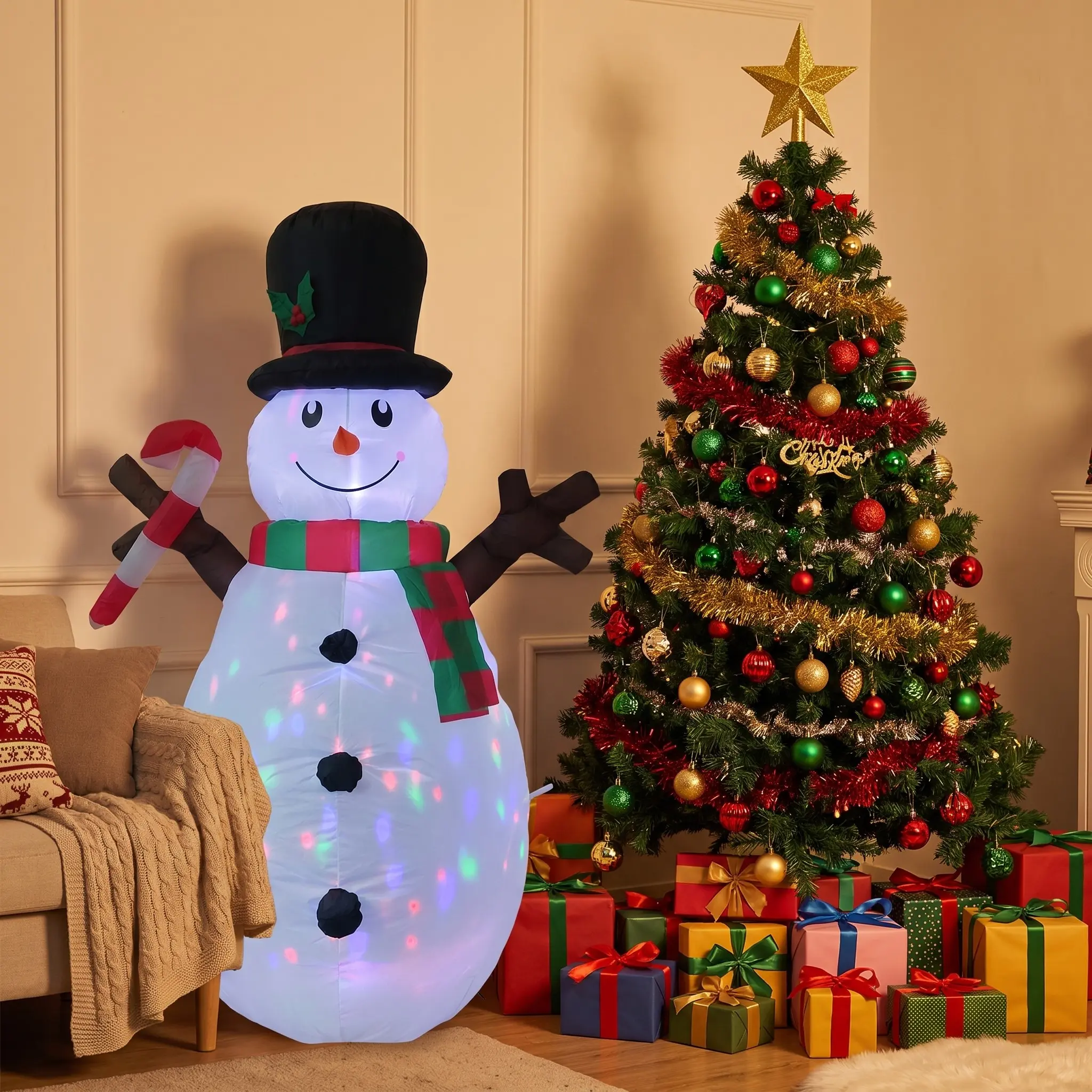 Rustic Twig Snowman Inflatable with Rotating Colorful Lights, Unique Christmas Outdoor Decoration, Eye-Catching Porch & Garden Display