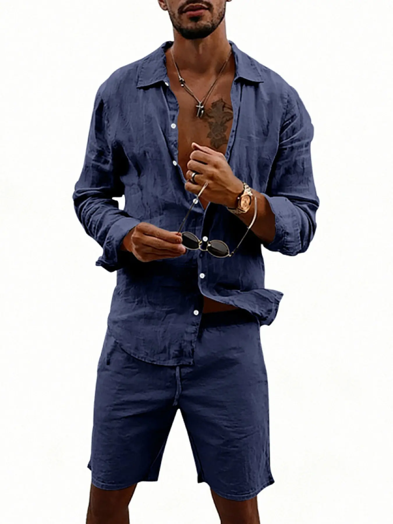 Men's Linen 2-Piece Set, Loose Long Sleeve Lapel Button Shirt and Solid Linen Shorts, Casual Summer Beach Matching Outfit for Men, 8 Colors Available