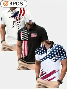 3 Piece Set American Vintage Flag Print Polo, Independence Day Retro Collar Men's Short Sleeve, Casual Fitted Long Shirt