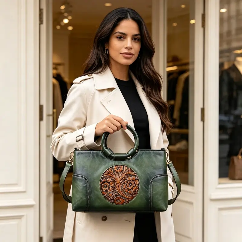 Women's retro embossed handbag, retro green round handle handbag, Western style tool flower handbag, with detachable crossbody strap, elegant women's daily top handle bag