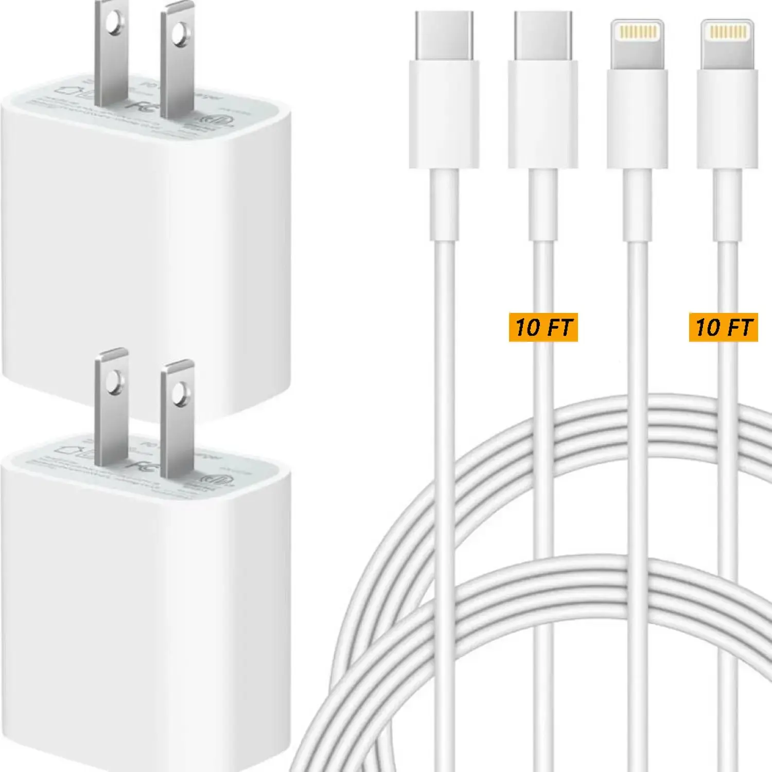 4Pcs 20W Fast Charger with 6FT/10FT USBC to Lightning Cable for iPhone 14/14 Plus/14 Pro Max, 13/12/11/Mini/XS/X/iPad Mobile Smartphone Adapter Device