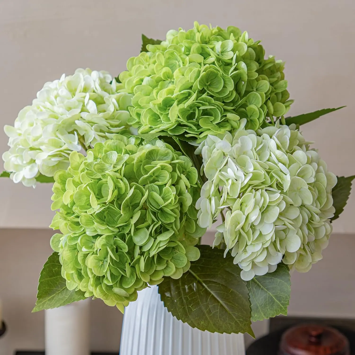 6pcs 31cm/12inch Real Soft Touch Artificial Mini Hydrangea Flowers Bouquet Latex Hydrangeas for Wedding, Home, Office, Bridal Party Decoration Garden Office Room Table Centerpieces 2 Green 2 Light Green