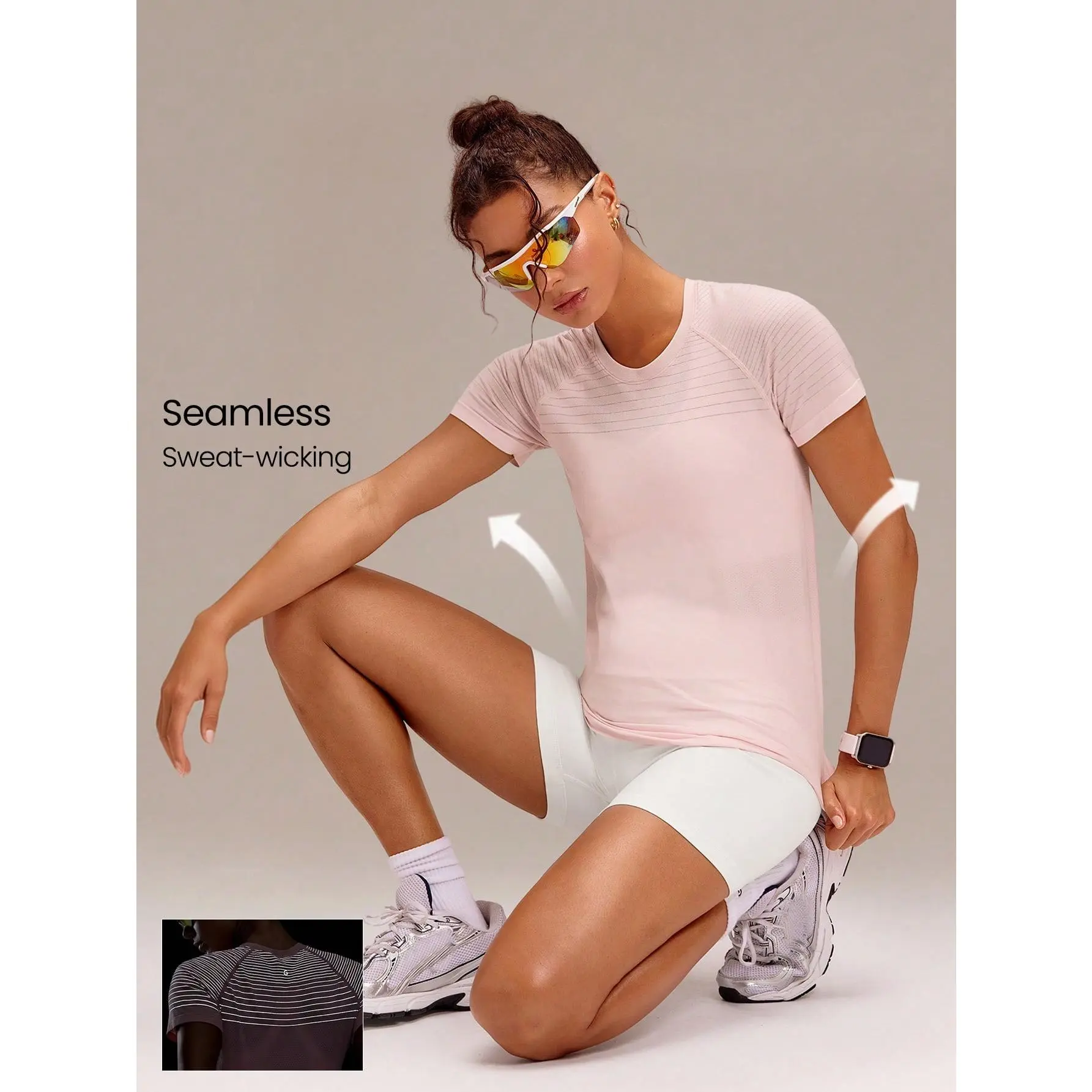 GLOWMODE Ultrafine Soft Seamless Reflect Night Run Stitch Sweat-Wicking Stretchy Hip Length Short Sleeve Running Tee Training Workout Gym Fitness Wear