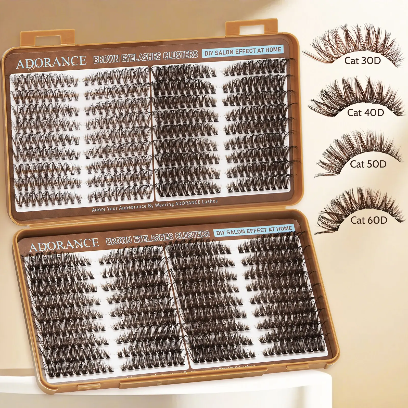 ADORANCE 720pcs Brown Lash Clusters, Fluffy Cat Eye Cluster Lashes, Dark Brown Wispy Individual Eyelash Extensions, D Curl Dense Volume Lashes, Waterproof DIY Lash Extensions for Natural Makeup Look, Volumized False Eyelashes