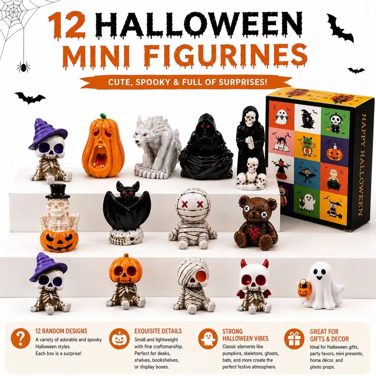 12 Piece Halloween Mini Blind Box Set, Cute Horror Resin Statues, Mini Ghost Skull Decorations, Tabletop Party Gifts, Halloween Surprise Presents, Cute Fun Collectible