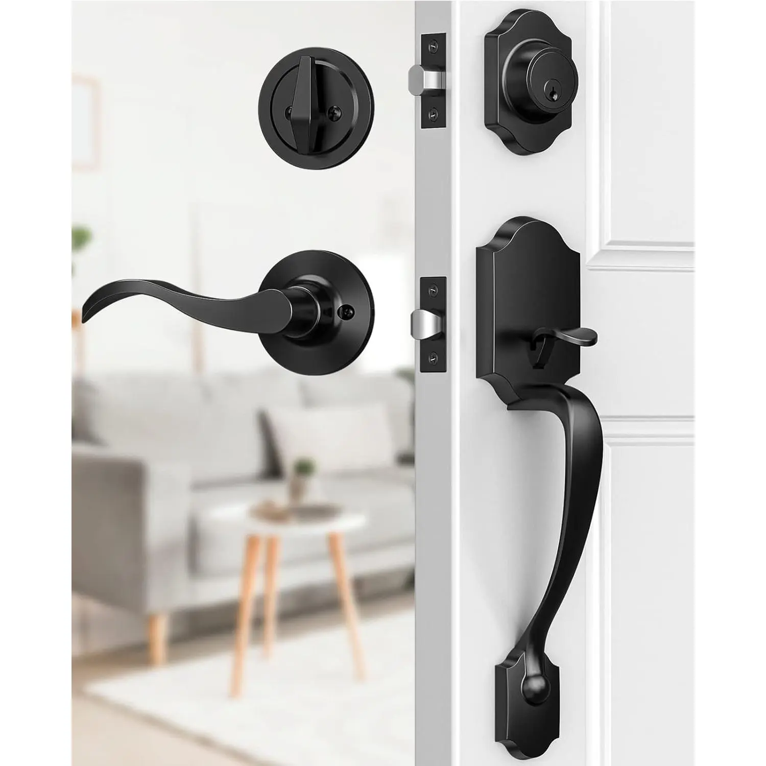 Front Door Handle and Deadbolt Set, Front Door Lock Set, Front Door Handles with Lever, Single Cylinder Exterior Door Handle, Reversible for Right&Left Handed