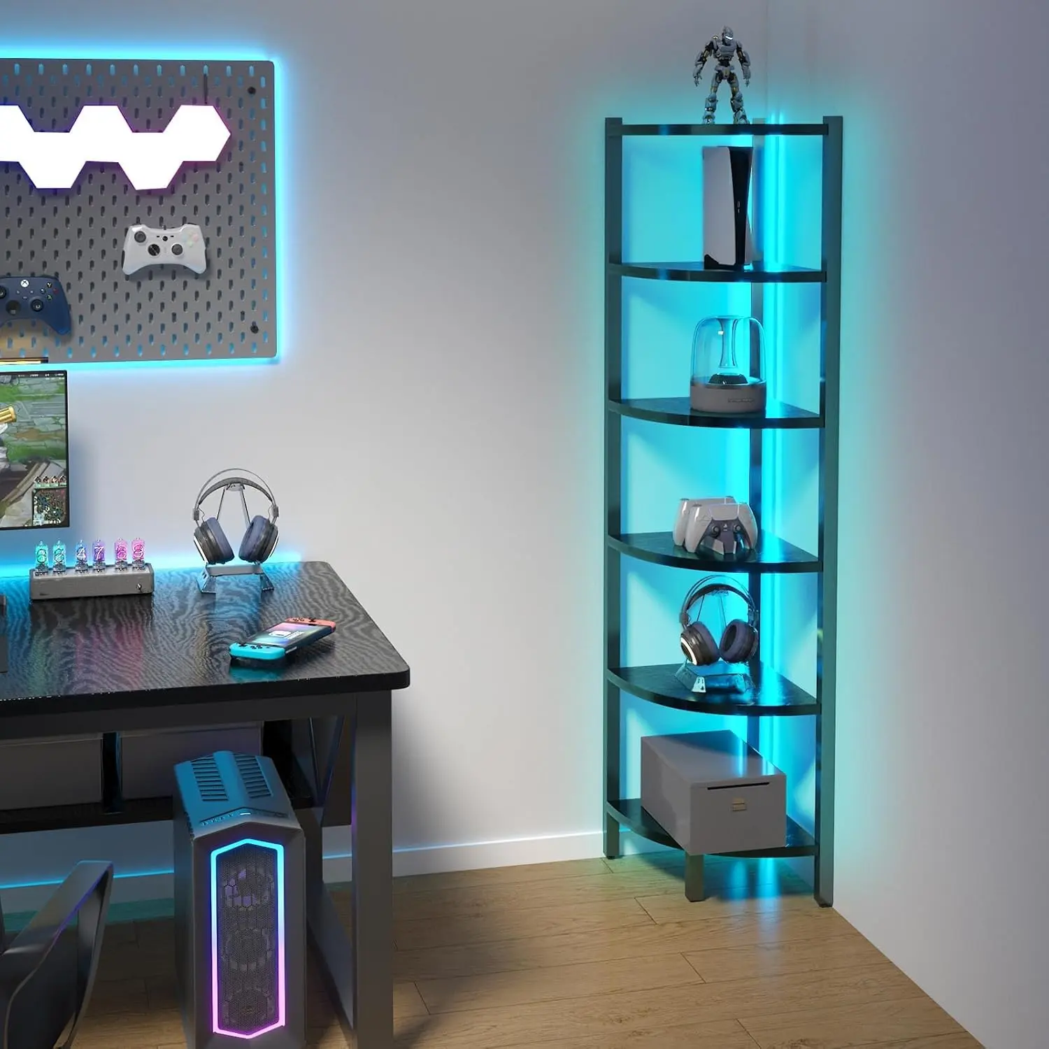 Corner Shelf with LED Lights, 6-Tier Corner Bookshelf, 66'' Organizer Book Shelf Shelves Steel Frame Display Stand with Living Room, Bedroom, Study, Black