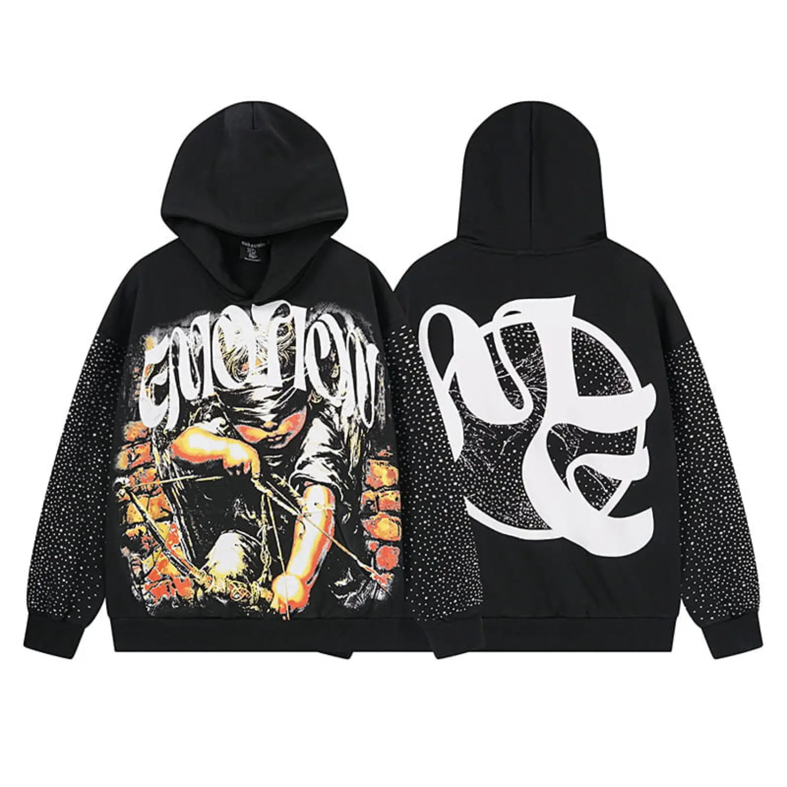MIXED EMOTIONS Black Rhinestone Zip Up Hoodie 100% Cotton Loose Oversized Y2K Graphic Print Hooded Sweatshirt Streetwear Jacket Top Men Women Unisex Menswear Long Sleeve